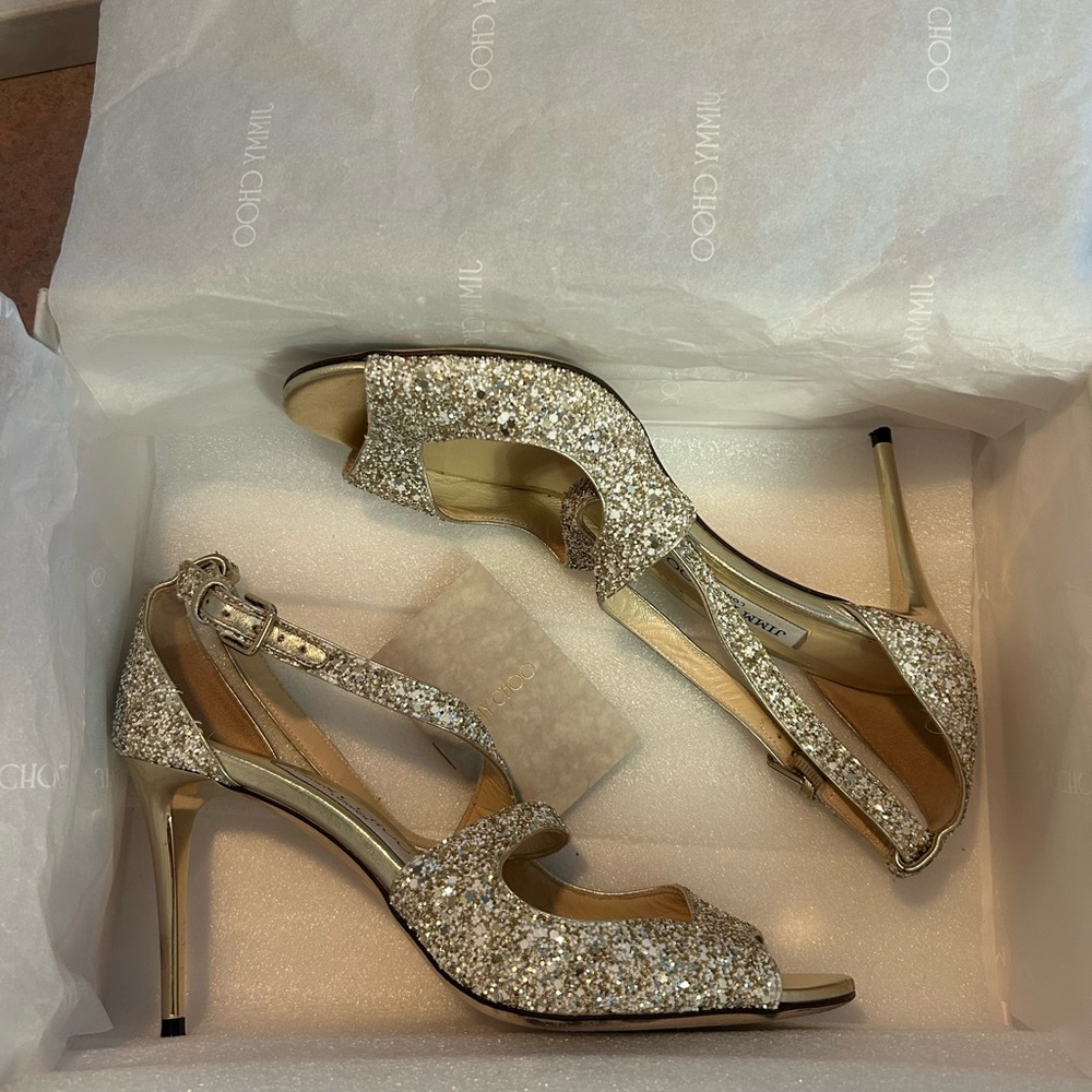 Jimmy Choo 'Nova' Champagne Glitter Slingback Open Toe Pumps 38.5, 8.5 - Picture 3 of 6